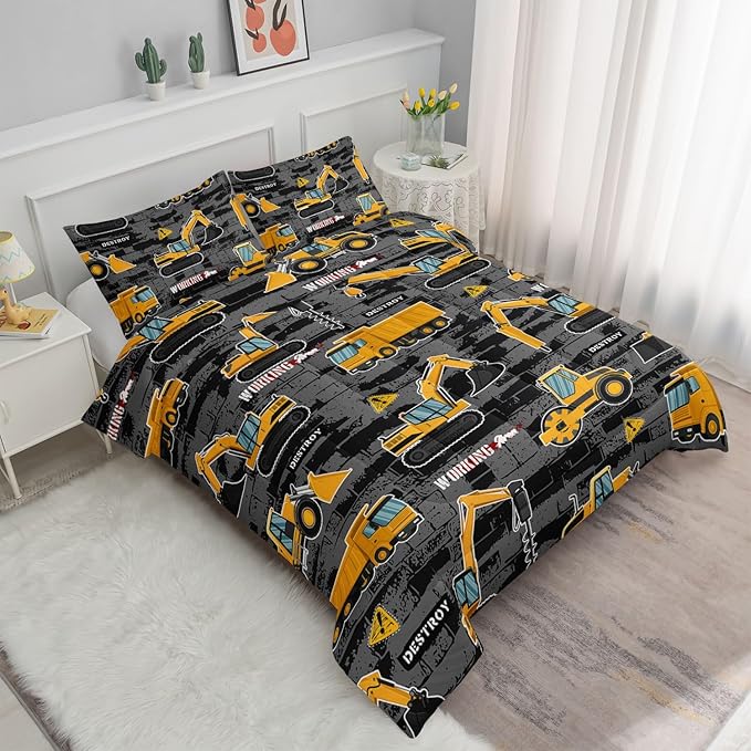 Datura home Kids Engineering Car Bedding Comforter Set Tractor Truck Printed Pattern Bedding Set with 1 Comforter and 2 Pillowcases for Boys Bedroom All Season(Truck2 Full) Full 80x90inches - LeafyLoom