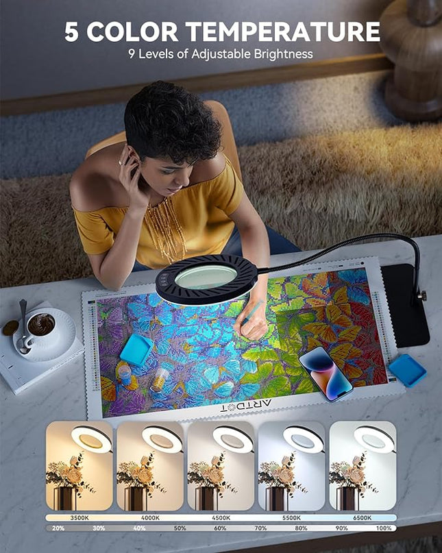 ARTDOT 10X Magnifying Glass with Light and Stand, 144 LEDs Desk Lamp with 5 Color Temperatures and 9 Levels Adjustable Brightness for Diamond Painting Accessories Crafts Reading Hobbies Close Work - LeafyLoom