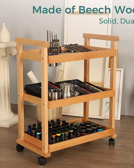 VISWIN 37" H Art Cart Storage Organizer 3-Tier, Solid Beech Wood Rolling Utility Cart with Caster Wheels, Multifunctional Art Supplies Craft Cart Organizer, Trolley for Studio, Classroom, Kitchen - LeafyLoom