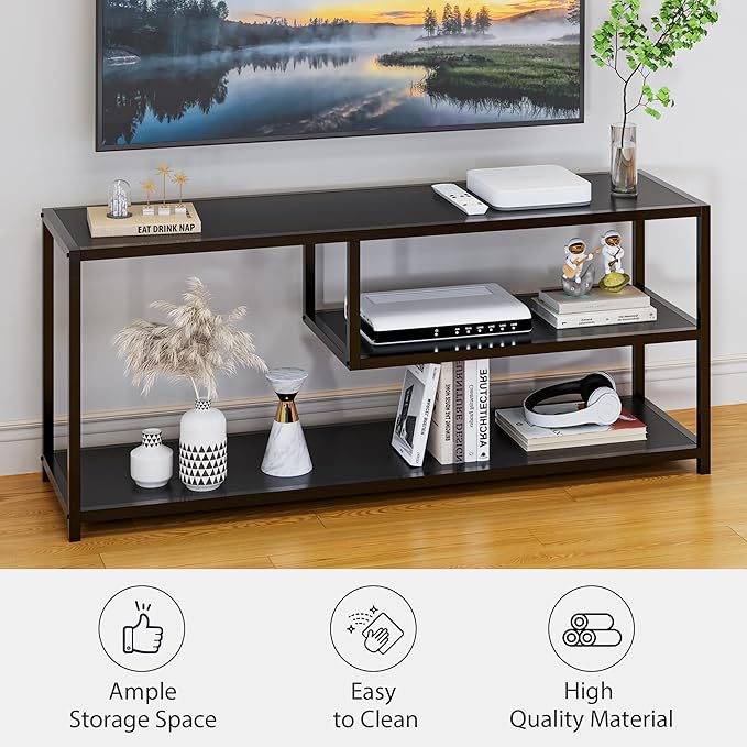 HOME BI TV Stand for 50 55 Inch TV, Entertainment Center with Storage, Wood TV Console for Living Room, TV Cabinet with Metal Frame, Black - LeafyLoom