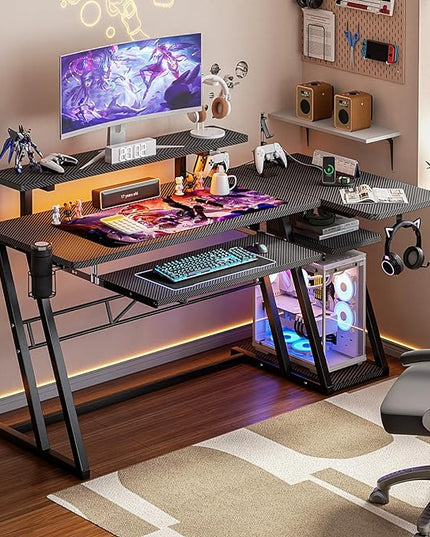 Gaming Desk with Shelves and Outlets, L Shaped Gaming Desk with LED Lights, Reversible L Shaped Computer Desk for Gamer, Carbon Fiber Black, 47" - LeafyLoom