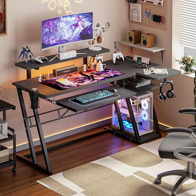 Gaming Desk with Shelves and Outlets, L Shaped Gaming Desk with LED Lights, Reversible L Shaped Computer Desk for Gamer, Carbon Fiber Black, 47" - LeafyLoom