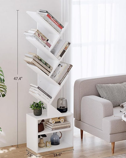SUNMORY 6 Tier Tree Bookshelf, Tall Bookcase with Storage Cabinet, Modern Narrow Bookshelves Organizer, Floor Standing Book Shelf for Bedroom/Living Room/Home Office/Corner, White - LeafyLoom