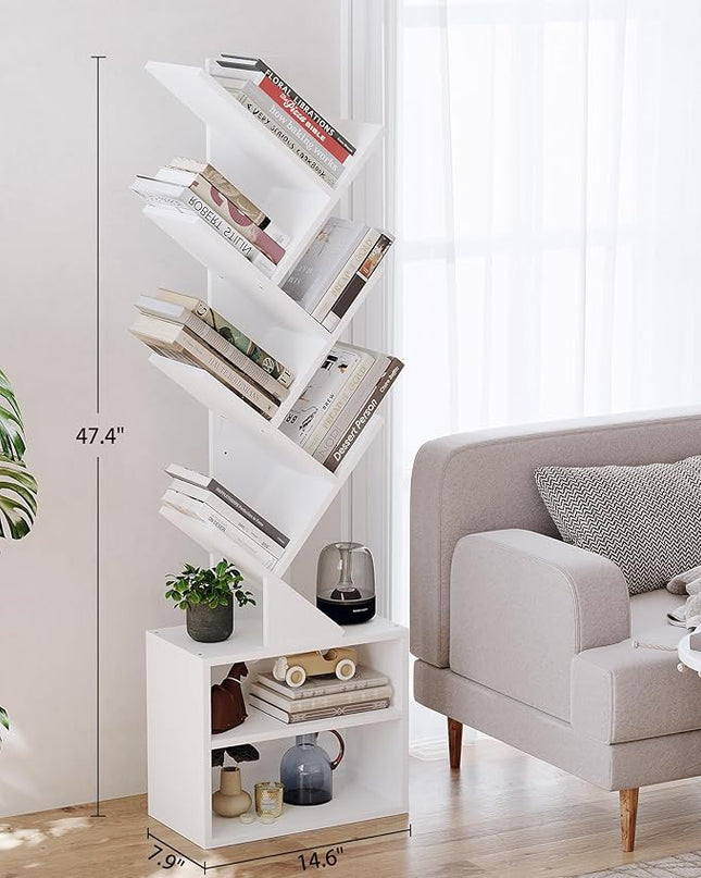 SUNMORY 6 Tier Tree Bookshelf, Tall Bookcase with Storage Cabinet, Modern Narrow Bookshelves Organizer, Floor Standing Book Shelf for Bedroom/Living Room/Home Office/Corner, White - LeafyLoom