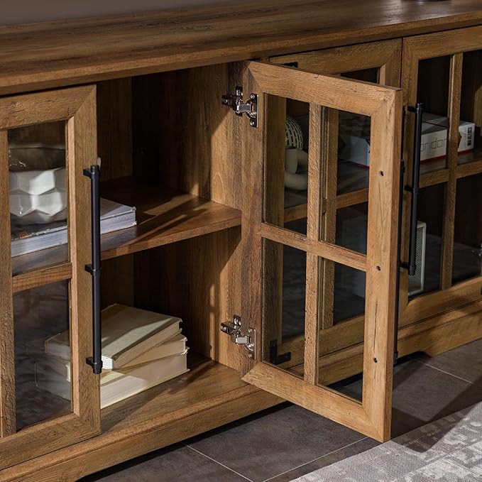 Walker Edison Farmhouse Barn Glass Door Wood Universal TV Stand for TV's up to 64" Flat Screen Living Room Storage Cabinet Doors and Shelves Entertainment Center, 58 Inch, Rustic Oak - LeafyLoom