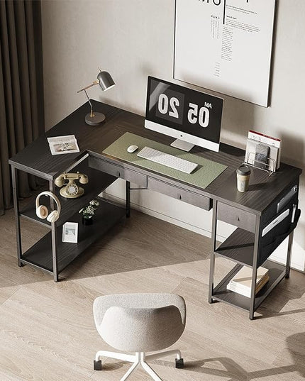 Ｍａｉｈａｉｌ Home Office Desk with Drawers and Shelves, 55” Computer Corner Desk for Small Space, Small L Shaped Desk with Side Storage for Bedroom, Black - LeafyLoom