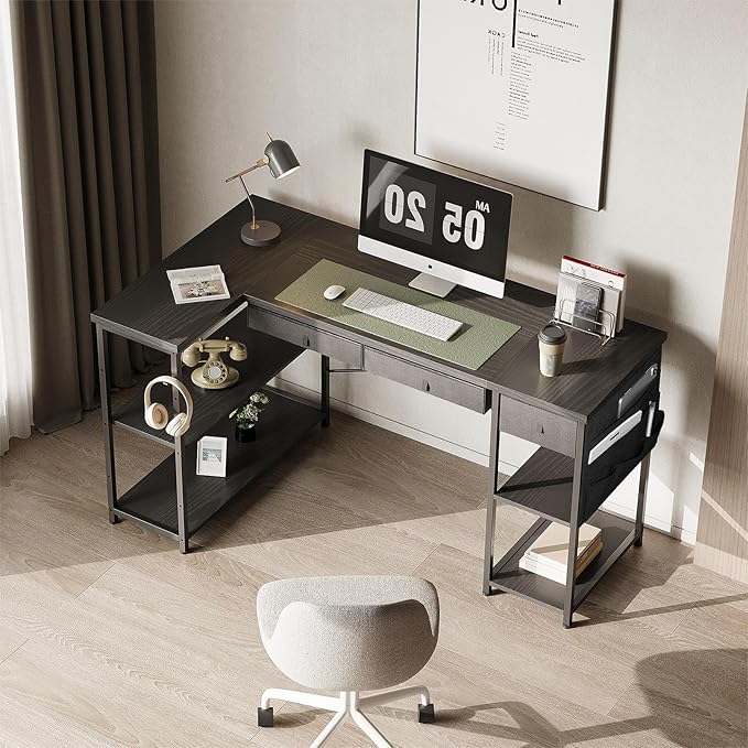 Ｍａｉｈａｉｌ Home Office Desk with Drawers and Shelves, 55” Computer Corner Desk for Small Space, Small L Shaped Desk with Side Storage for Bedroom, Black - LeafyLoom