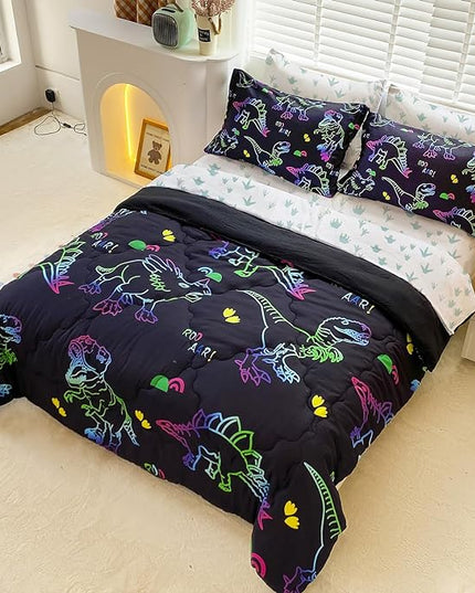 7 Piece Dinosaur Comforter Set -Twin Size for Boys 3D Print Sketch Dinosaur Bedding Set Bed in A Bag for Kids Teens Rainbow-Colored Gradient Line Animal Comforter - LeafyLoom