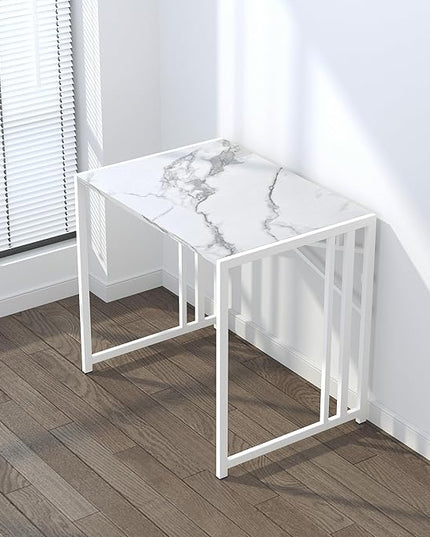 32 inch Folding Small Desk, Writing Gaming Computer Camping Desk for Small Spaces, No Assembly Required Home Office Desk, White Marble - LeafyLoom
