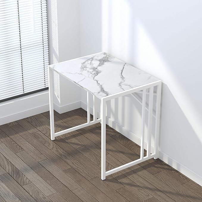 32 inch Folding Small Desk, Writing Gaming Computer Camping Desk for Small Spaces, No Assembly Required Home Office Desk, White Marble - LeafyLoom