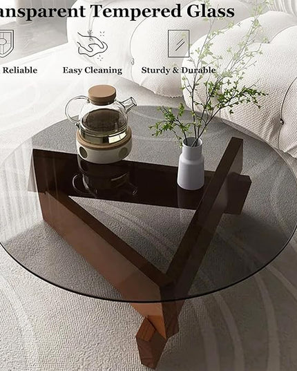 Coffee Table, Round Coffee Table for Living Room Modern Glass Coffee Table with Solid Wood Legs Farmhouse Mid Century Center Table Large Circle Cocktail Table (Walnut + Gray, 35.4in) - LeafyLoom
