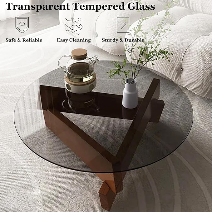 Coffee Table, Round Coffee Table for Living Room Modern Glass Coffee Table with Solid Wood Legs Farmhouse Mid Century Center Table Large Circle Cocktail Table (Walnut + Gray, 35.4in) - LeafyLoom