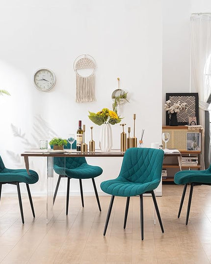 YOUNUOKE Comfortable Dining Chairs Set of 2, Mid-Century Modern Kitchen Dining Room Chairs, Upholstered Backrest Boucle Dining Chair with Black Metal, Pine Green - LeafyLoom