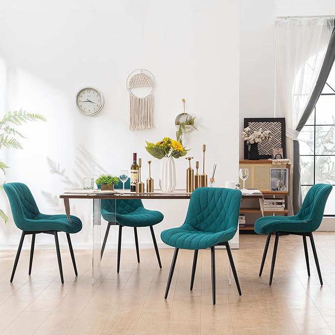 YOUNUOKE Comfortable Dining Chairs Set of 2, Mid-Century Modern Kitchen Dining Room Chairs, Upholstered Backrest Boucle Dining Chair with Black Metal, Pine Green - LeafyLoom