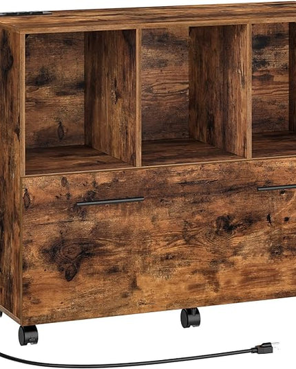 HOOBRO File Cabinet, Mobile Lateral Filing Cabinet with Charging Station, Wooden Printer Stand with Open Storage Shelf, for Home Office, Small Spaces, A4/Letter Size, Rustic Brown FG22UWJ01 - LeafyLoom