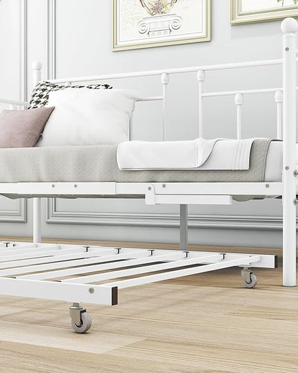 Twin Daybed with Trundle/Steel Slat Support/Space Saving Trundle Bed and Multi-Functional Furniture for Living Room and Guest Room, White - LeafyLoom