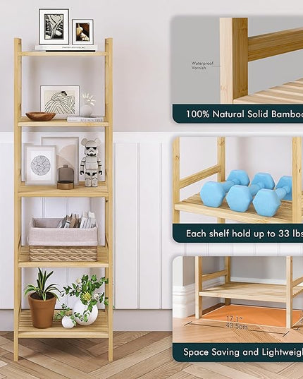Tall Narrow Bookshelf, 5 Tier Bathroom Shelf Bamboo, Floor Standing Display Storage Organizer for Small Space, Adjustable Shelves, Natural Wood Bookcase - LeafyLoom