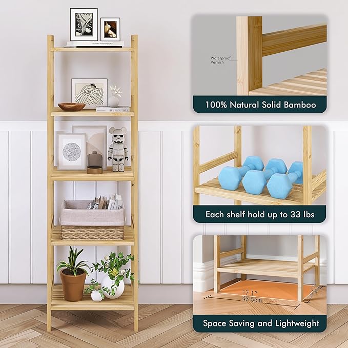 Tall Narrow Bookshelf, 5 Tier Bathroom Shelf Bamboo, Floor Standing Display Storage Organizer for Small Space, Adjustable Shelves, Natural Wood Bookcase - LeafyLoom