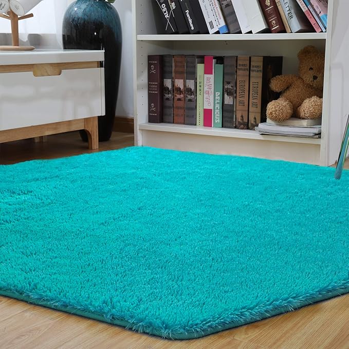junovo Ultra Soft Rug for Nursery Children Room Baby Room Home Decor Dormitory Hexagon Carpet for Playhouse Princess Tent Kids Play Castle, Diameter 4.6 ft, Teal Blue - LeafyLoom