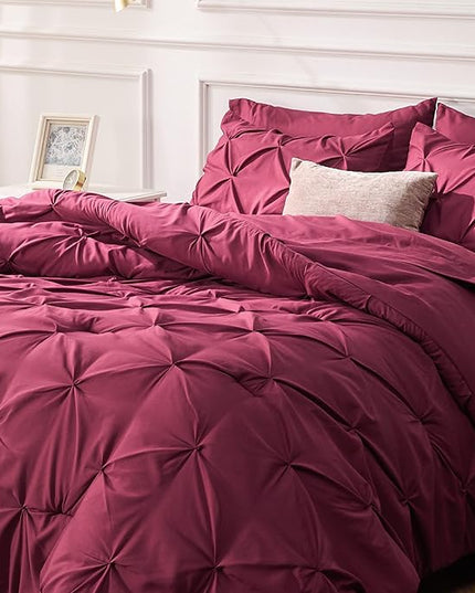 Bedsure Burgundy Comforter Set Queen - Bed in a Bag Queen 7 Pieces, Pintuck Beddding Sets Burgundy Bed Set with Comforter, Sheets, Pillowcases & Shams - LeafyLoom