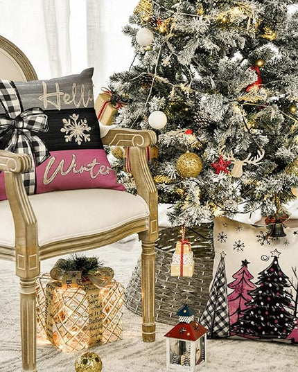 AVOIN colorlife Merry Christmas Joy Xmas Trees Pink Throw Pillow Covers, 18 x 18 Inch Christmas Winter Holiday Cushion Case Decoration for Sofa Couch Set of 4 AVOINcolorlife