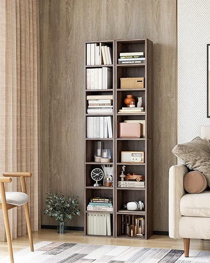 FOTOSOK 8-Tier Media Tower Rack, 11.6 X 9.3 X 70.9 Inches CD DVD Slim Storage Cabinet with Adjustable Shelves, Tall Narrow Bookcase Display Bookshelf for Home Office, Oak - LeafyLoom