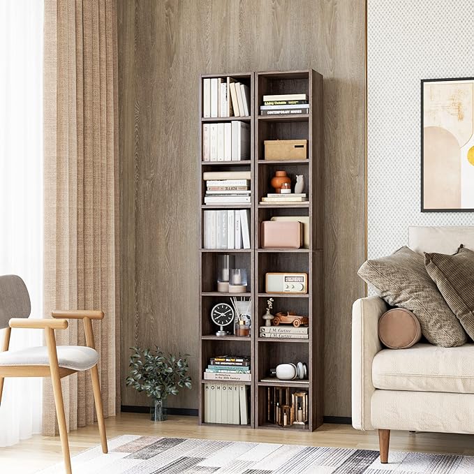 FOTOSOK 8-Tier Media Tower Rack, 11.6 X 9.3 X 70.9 Inches CD DVD Slim Storage Cabinet with Adjustable Shelves, Tall Narrow Bookcase Display Bookshelf for Home Office, Oak - LeafyLoom