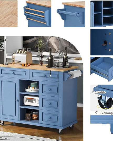 Island with Storage Cabinets, Rolling Mobile Kitchen-cart with Rubber Wood Desktop and 5 Drawers & Open Shelves, Sideboard for Dining Room, Home Bar, Blue, 52.8 Inch - LeafyLoom