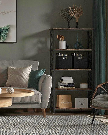 4NM Bookshelf 5 Tier Industrial Bookcase Home Office Adjustable Bookshelves Storage Shelves Organizer Vintage Book Shelf Display Rack for Living Room, Bedroom,Home (Rustic Brown and Black) - LeafyLoom