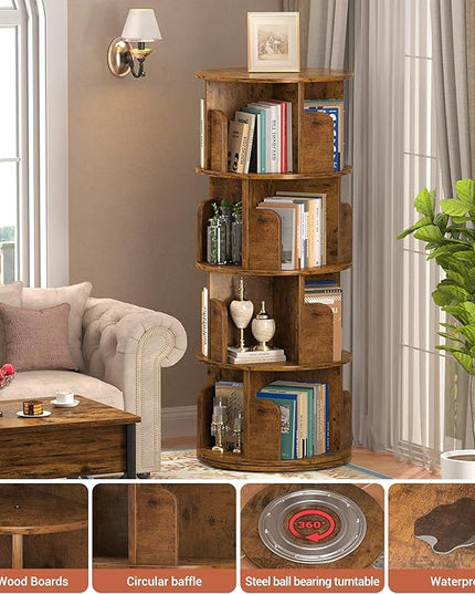 Rotating Bookshelf, Corner Bookshelf, 360 Display Wood Spinning Bookcase Storage Rack, Floor Standing Revolving Bookcase Narrow Book Shelf Organizer for Small Space, Bedroom, Rustic Brown - LeafyLoom