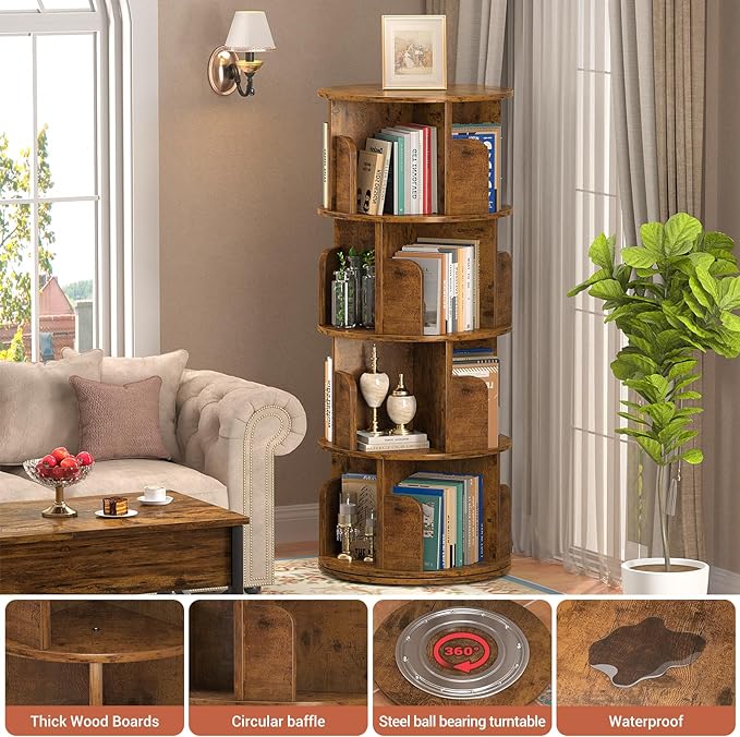 Rotating Bookshelf, Corner Bookshelf, 360 Display Wood Spinning Bookcase Storage Rack, Floor Standing Revolving Bookcase Narrow Book Shelf Organizer for Small Space, Bedroom, Rustic Brown - LeafyLoom