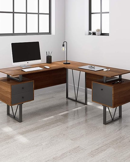 Techni Mobili Reversible Modern Versatile L Shaped Drawers and File Cabinet Home Office Desk, 59" W x 57.3" D x 30" H, Brown, Grey - LeafyLoom
