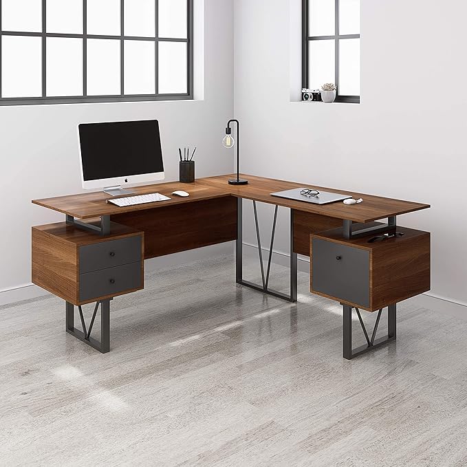 Techni Mobili Reversible Modern Versatile L Shaped Drawers and File Cabinet Home Office Desk, 59" W x 57.3" D x 30" H, Brown, Grey - LeafyLoom