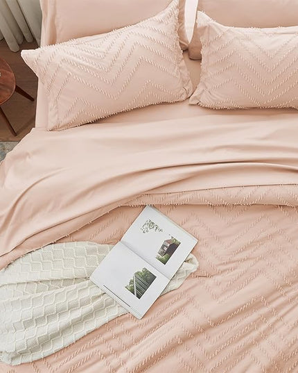 Anluoer Full Comforter Set, Pink Tufted Bed in a Bag 7 Pieces with comforters and sheets, All Season Bedding Sets with 1 Comforter, 2 PillowShams, 2 Pillowcases, 1 Flat Sheet, 1 Fitted Sheet - LeafyLoom
