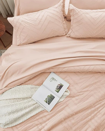 Anluoer King Comforter Set, Pink Tufted Bed in a Bag 7 Pieces with comforters and sheets, All Season Bedding Sets with 1 Comforter, 2 PillowShams, 2 Pillowcases, 1 Flat Sheet, 1 Fitted Sheet - LeafyLoom