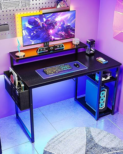 KKL 40 inch Small Computer Desk with Adjustable Monitor Stand, Home Office Desk & Workstation with Storage Shelves, Reversible Work Writing Study Table for Bedroom, Black - LeafyLoom