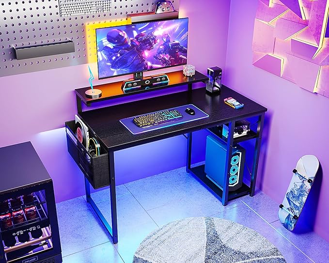 KKL 40 inch Small Computer Desk with Adjustable Monitor Stand, Home Office Desk & Workstation with Storage Shelves, Reversible Work Writing Study Table for Bedroom, Black - LeafyLoom