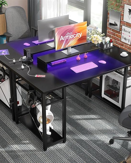 armocity Computer Desk with LED Lights, 48 Inch Reversible Large Desk with Power Outlet and USB, 48'' Gaming PC Table with Moveable Monitor Stand for Home Office, Workstation, Black - LeafyLoom