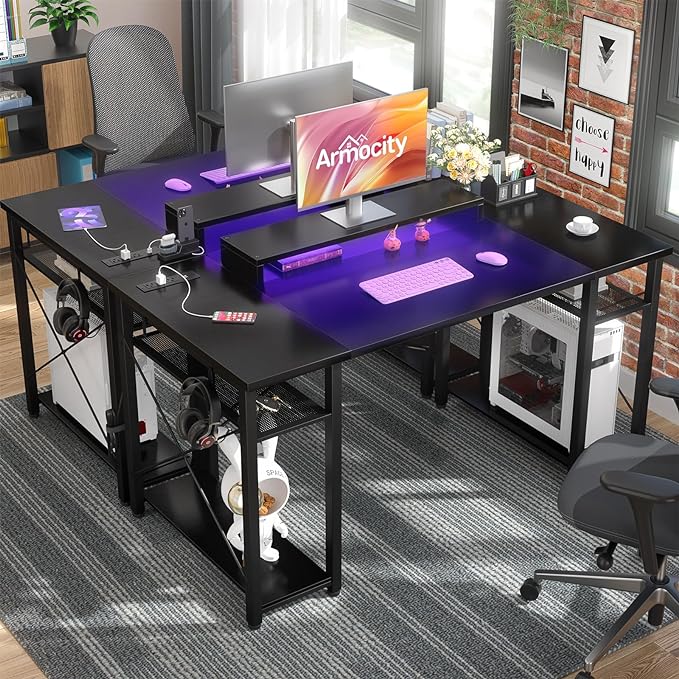 armocity Computer Desk with LED Lights, 48 Inch Reversible Large Desk with Power Outlet and USB, 48'' Gaming PC Table with Moveable Monitor Stand for Home Office, Workstation, Black - LeafyLoom
