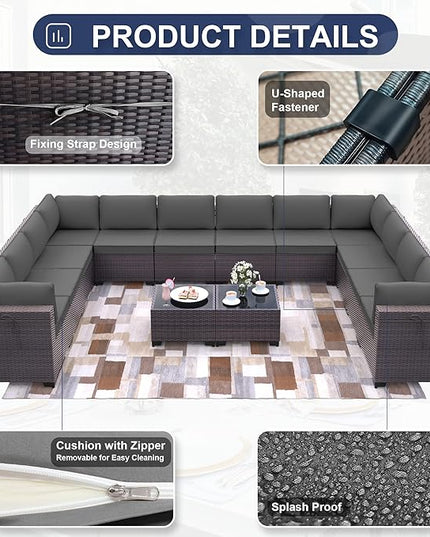 Patio Furniture Set 14-Pieces Outdoor Furniture for Backyard Wicker Sectional Sofa Set, Rattan Patio Conversation Set with Thickened Cushions and Glass Coffee Table, Grey - LeafyLoom