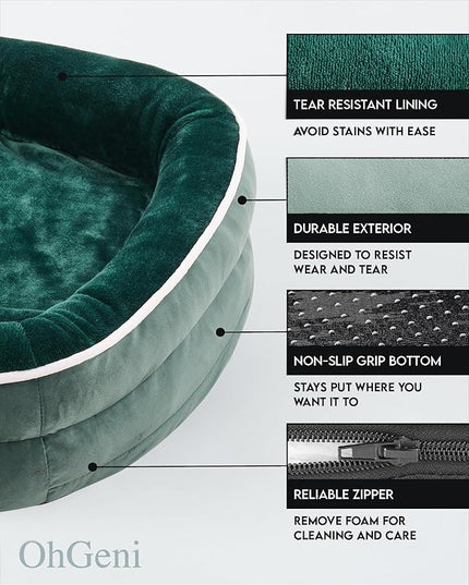 OhGeni Orthopedic Dog Bed Couch for Large Sized Pets with Egg Foam Support, Four-Sided Bolster Cushions, Soft Tear-Resistant Fabric, and Removable Machine Washable Plush Cover 35-Inch (Dark Green) OhGeni