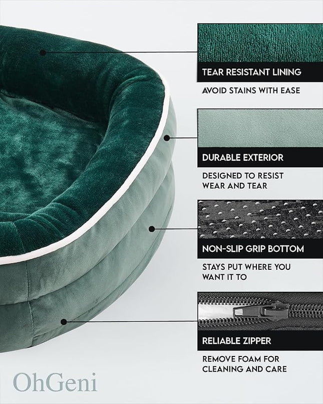 OhGeni Orthopedic Dog Bed Couch for Large Sized Pets with Egg Foam Support, Four-Sided Bolster Cushions, Soft Tear-Resistant Fabric, and Removable Machine Washable Plush Cover 35-Inch (Dark Green) OhGeni