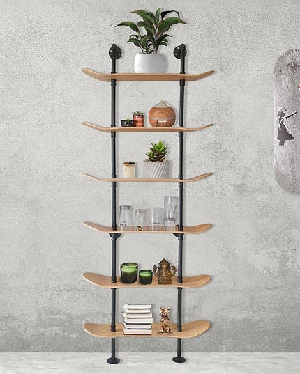 Industrial Shelves - 6 Tier Industrial Decor Pipe Bookcase Using 7 Ply Skateboard Decks - Natural Wood Stain Finish - Bathroom Wall Decor, Living Room Furniture, Book Shelf for Skateboard Enthusiasts - LeafyLoom