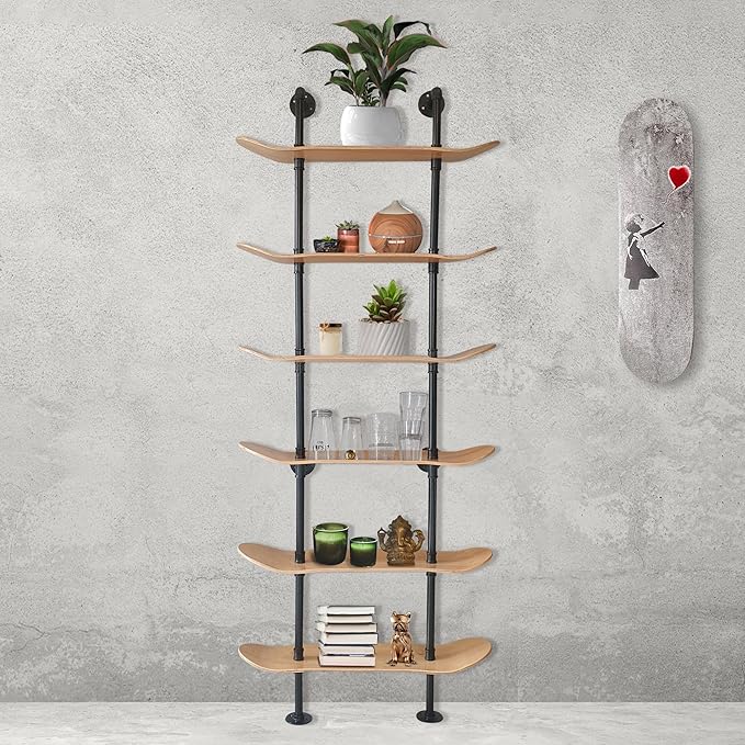 Industrial Shelves - 6 Tier Industrial Decor Pipe Bookcase Using 7 Ply Skateboard Decks - Natural Wood Stain Finish - Bathroom Wall Decor, Living Room Furniture, Book Shelf for Skateboard Enthusiasts - LeafyLoom