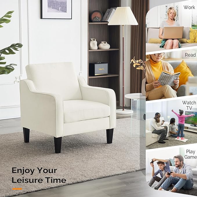 VINGLI Accent Chairs for Living Room Arm Chairs Set of 2 Mid Century Modern Chair Chenille Upholstered Comfy Chair Side Chair for Bedroom, Play Room, Apartment, Office (Creamy White) - LeafyLoom