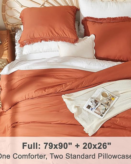 Litanika Terracotta Comforter Full Size, Boho Tassel Burnt Orange Comforter 3 Pieces, Rust Lightweight Fringe Bedding Set for All Season(1 Comforter 79x90 inch, 2 Pillowcases) - LeafyLoom
