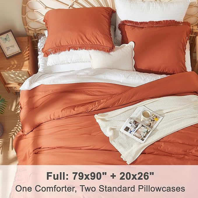 Litanika Terracotta Comforter Full Size, Boho Tassel Burnt Orange Comforter 3 Pieces, Rust Lightweight Fringe Bedding Set for All Season(1 Comforter 79x90 inch, 2 Pillowcases) - LeafyLoom