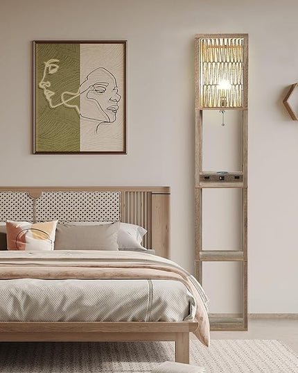 Fovara - Boho Floor Lamp with Rattan Shade - Shelves Floor Lamps for Living Room - Bohemian Light with Natural Wood Shelf - Decoration for Bedrooms with Charging Base, USB Port, and Power Socket - LeafyLoom