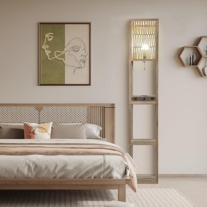 Fovara - Boho Floor Lamp with Rattan Shade - Shelves Floor Lamps for Living Room - Bohemian Light with Natural Wood Shelf - Decoration for Bedrooms with Charging Base, USB Port, and Power Socket - LeafyLoom