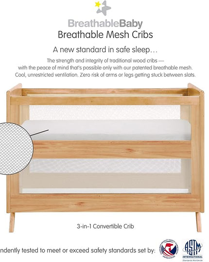 BreathableBaby Breathable Mesh 3-in-1 Convertible Crib (Toddler Bed Kit Sold Separately) — Beech — Two Adjustable Mattress Heights — Greenguard Gold Certified - LeafyLoom